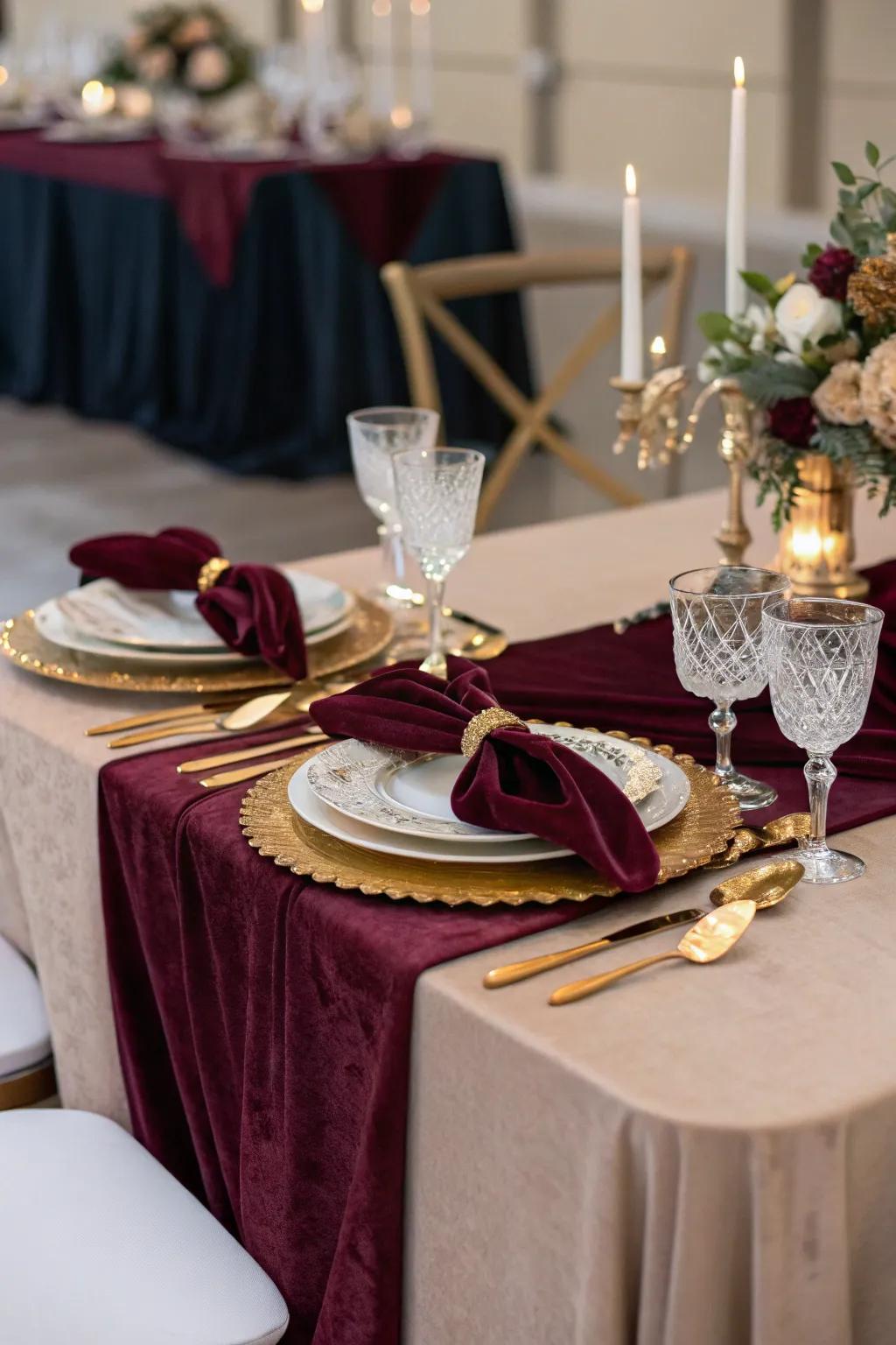 Elegant velvet accents add rich texture and elegance to wedding decor.