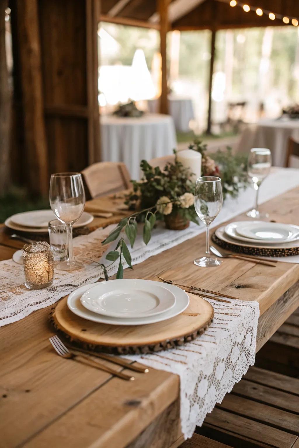 Homespun wood aspects bring a natural and earthy feel to wedding decor.