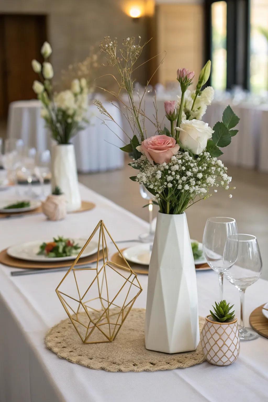 Angled vases present a contemporary twist to classic floral arrangements.