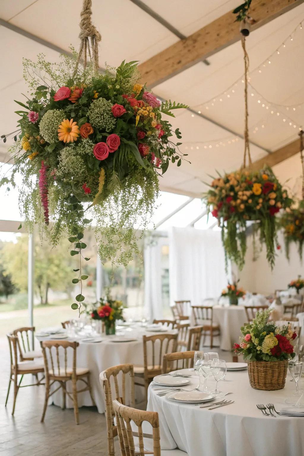 Dangling centerpieces create a stunning and unexpected focal point.