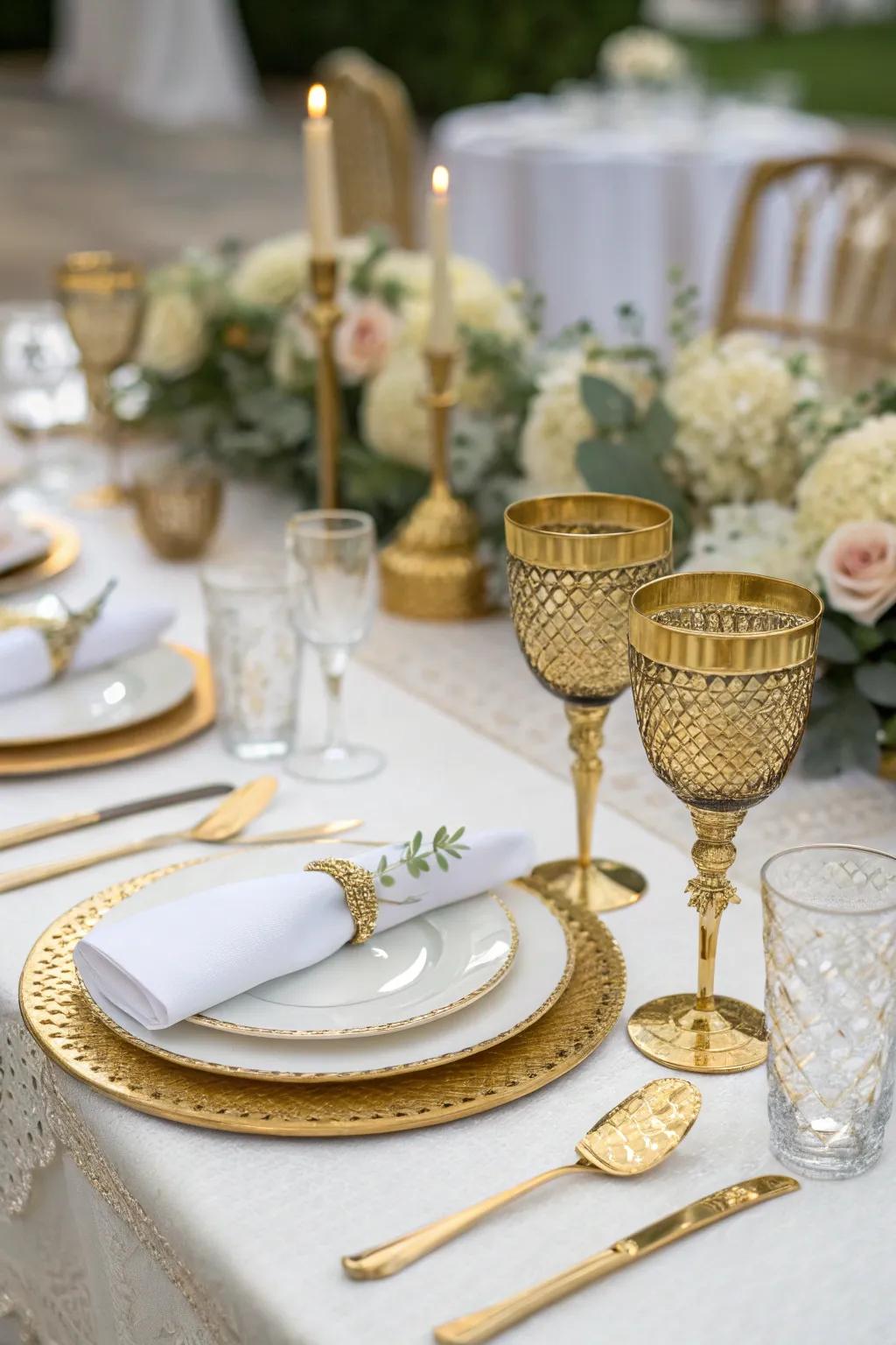 Gilded highlights add a lavish touch to wedding table settings.