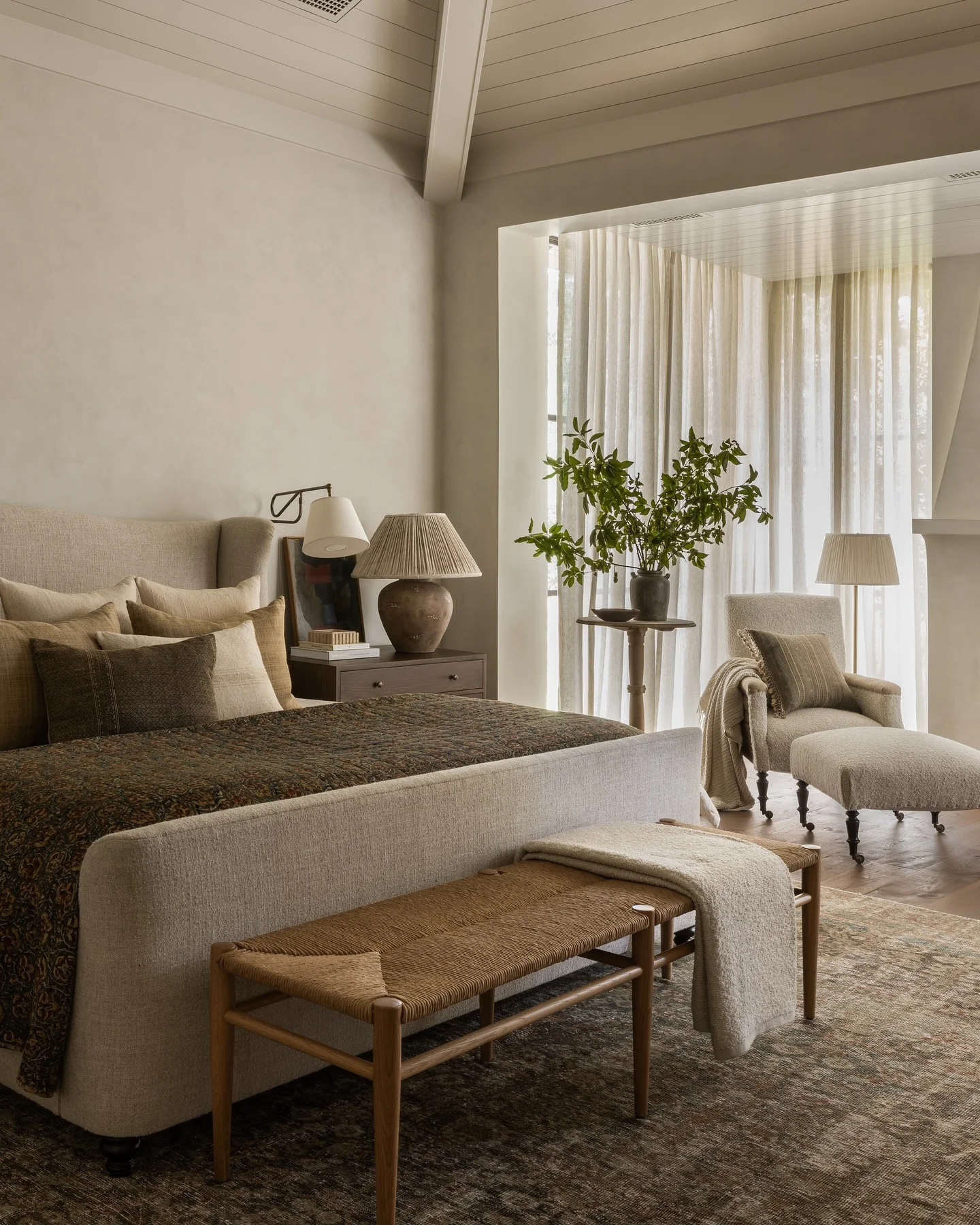 Neutral Layers with Rustic Green Highlights (Earth Tones Bedroom Ideas)