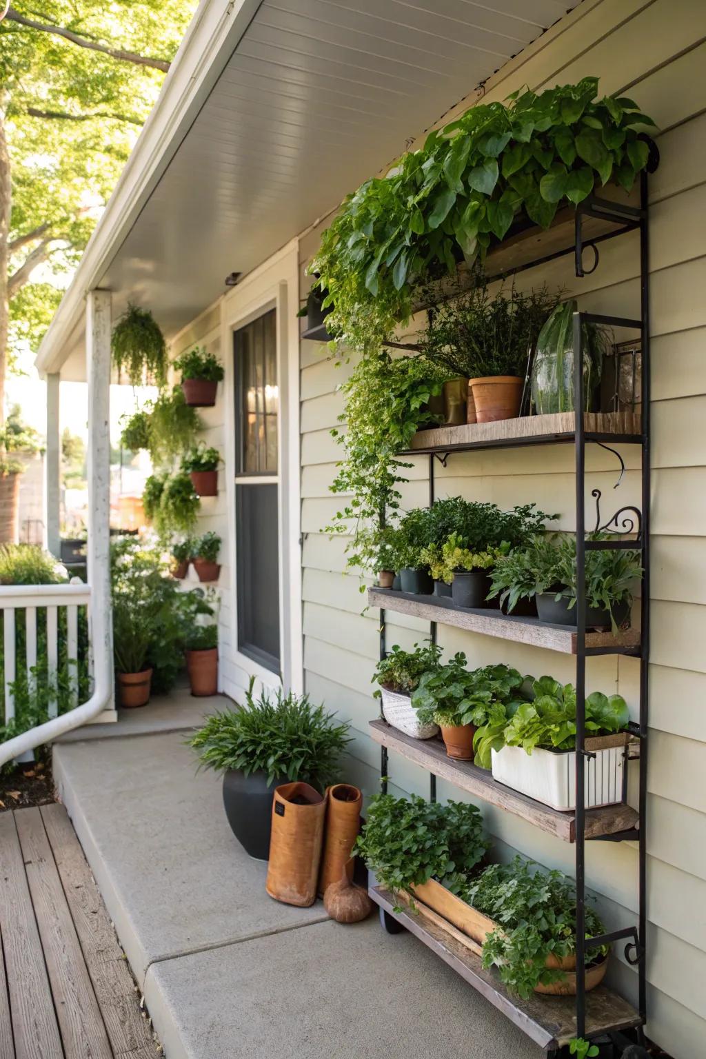 Vertical planters introduce greenery to a small back porch without giving up floor space.