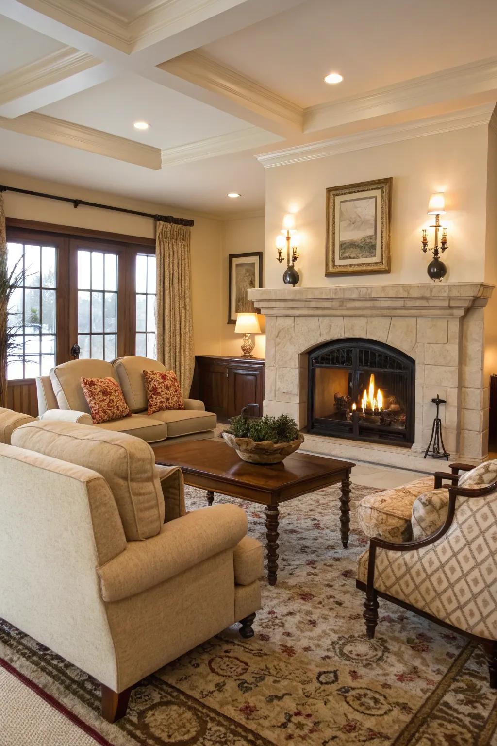 A living room arrangement that highlights the fireplace as a focal point.