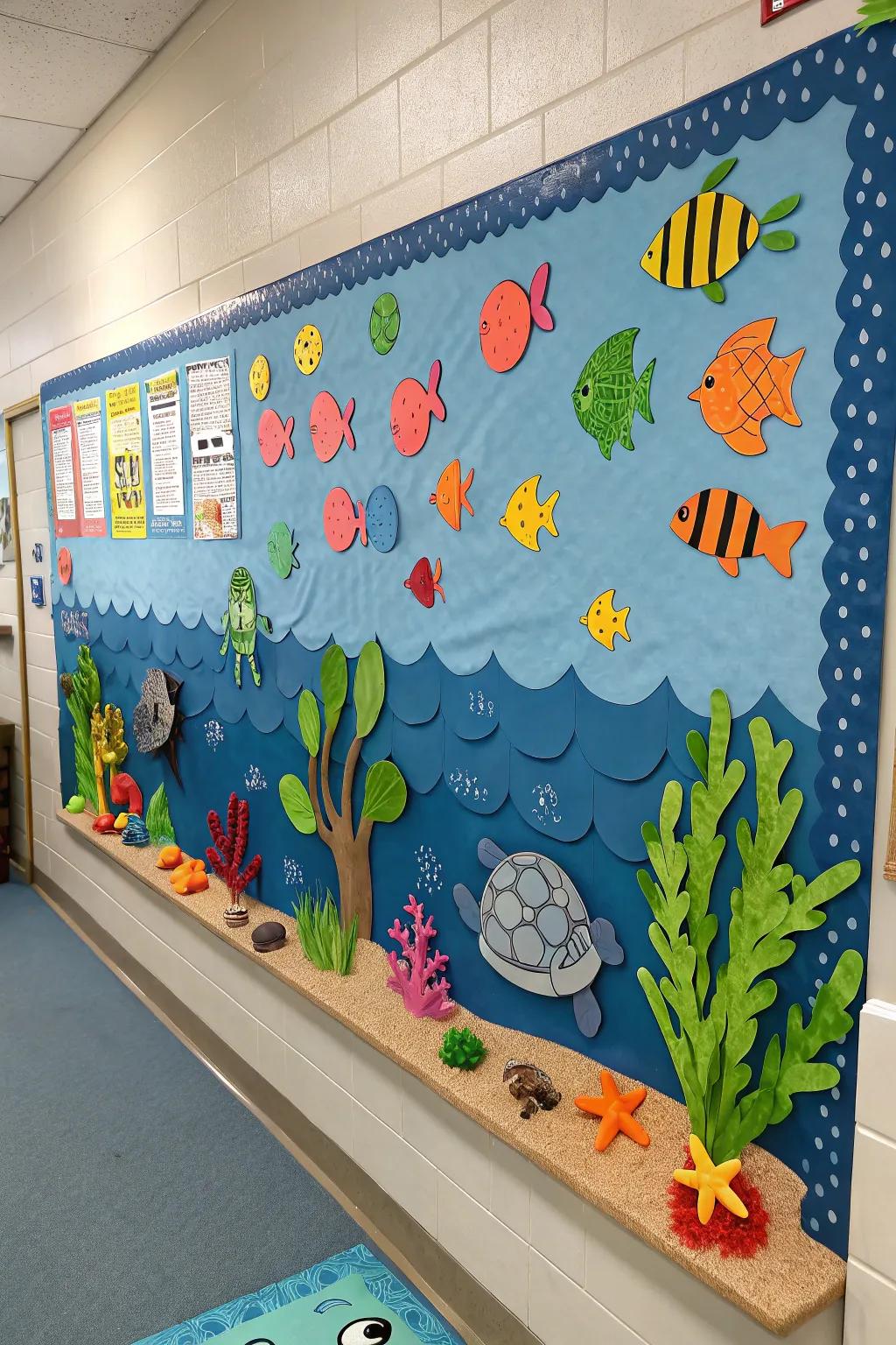 An'Oceanic Voyage' bulletin board showcases colorful marine life.