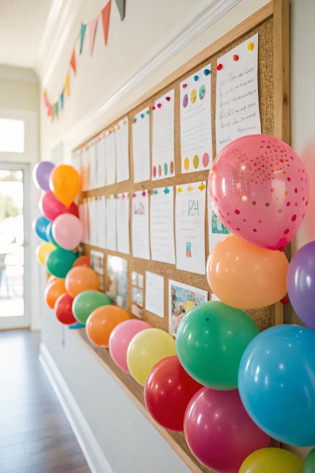 A'Balloon Bash' bulletin board with joyful balloon decorations.