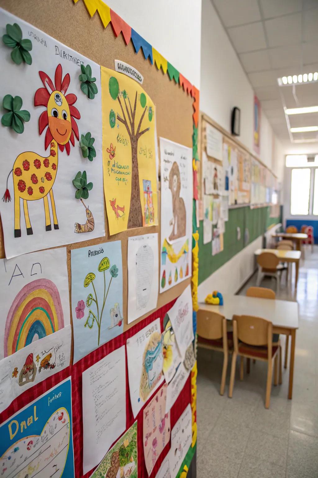 An'Artistic Animals' bulletin board displaying children's artwork.