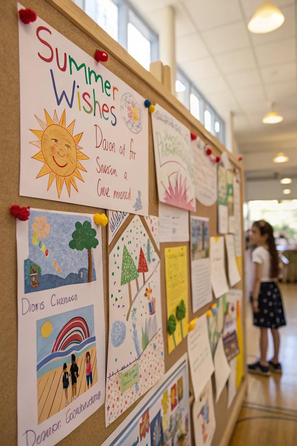 A'Summer Daydreams' bulletin board filled with children's aspirations.