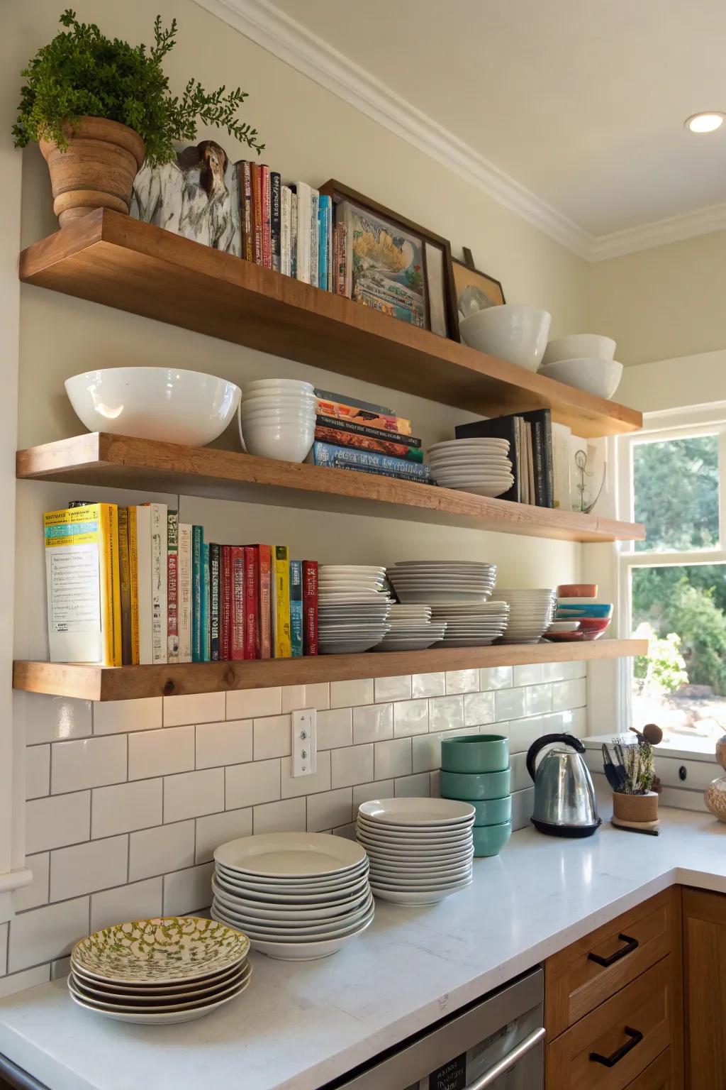Floating shelves in the kitchen for a neat and chic design.