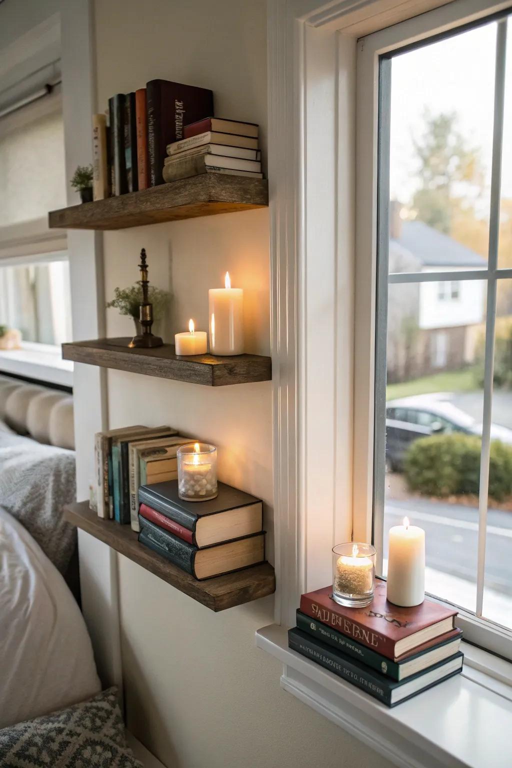 Floating shelves turn a bedroom corner into a peaceful reading nook.