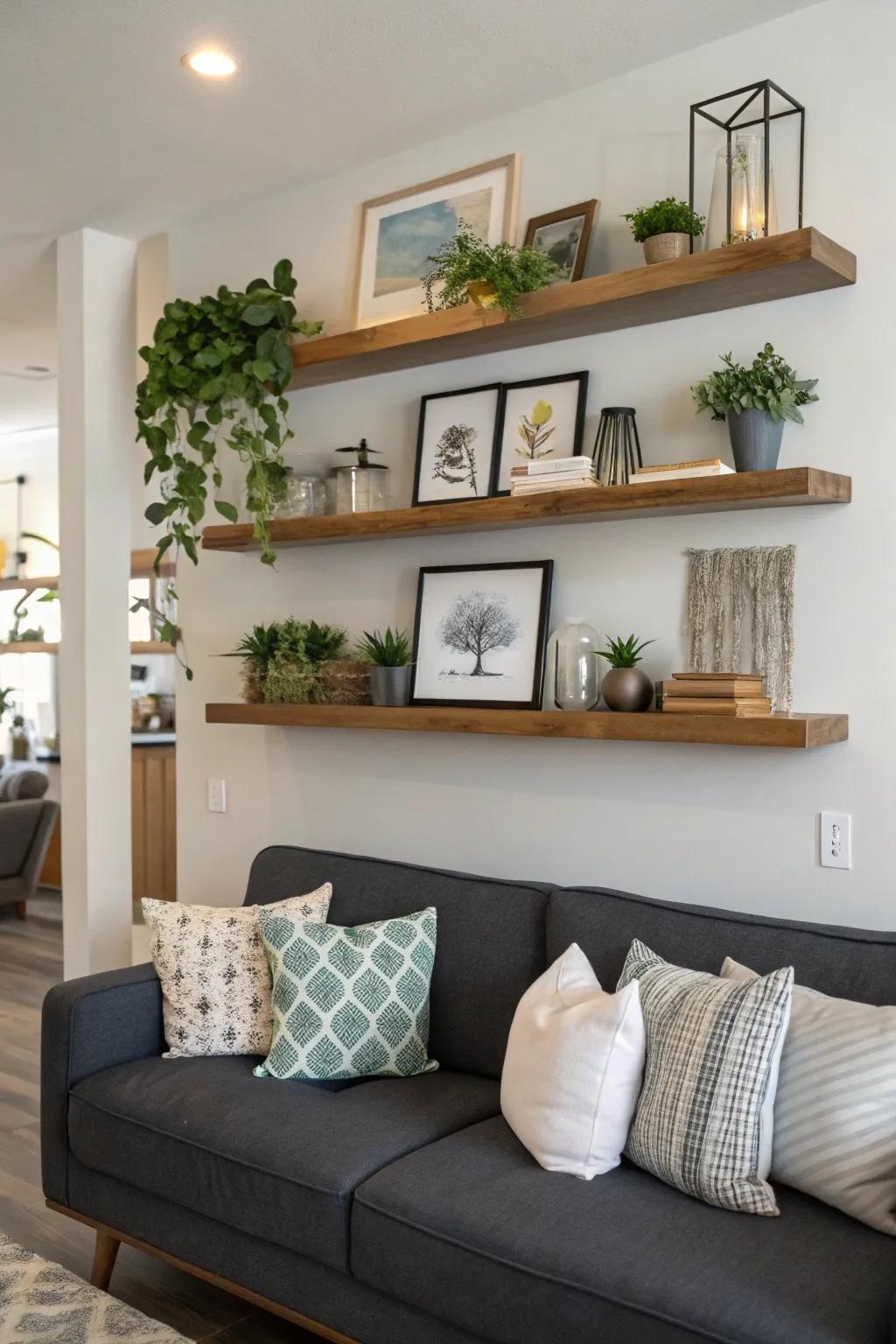 Floating shelves above a sofa: the perfect blend of charm and function.