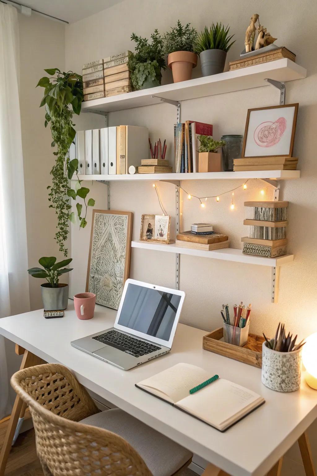 Floating shelves above a desk create an efficient and inspiring workspace.