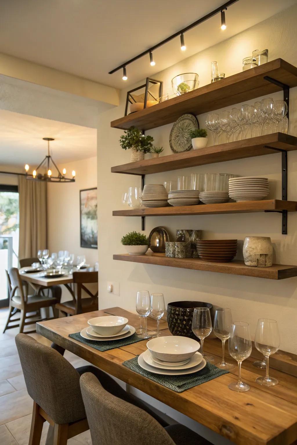 Floating shelves in the dining room add a touch of elegance.