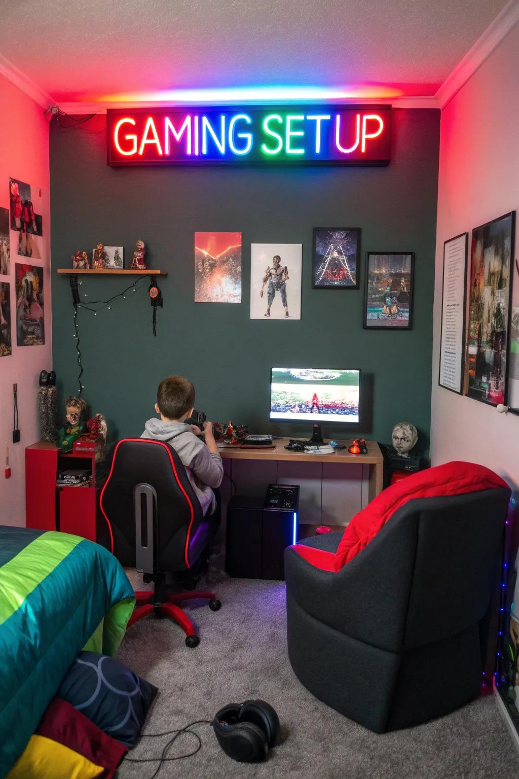 A neon sign adds a vibrant flair to the gaming space.