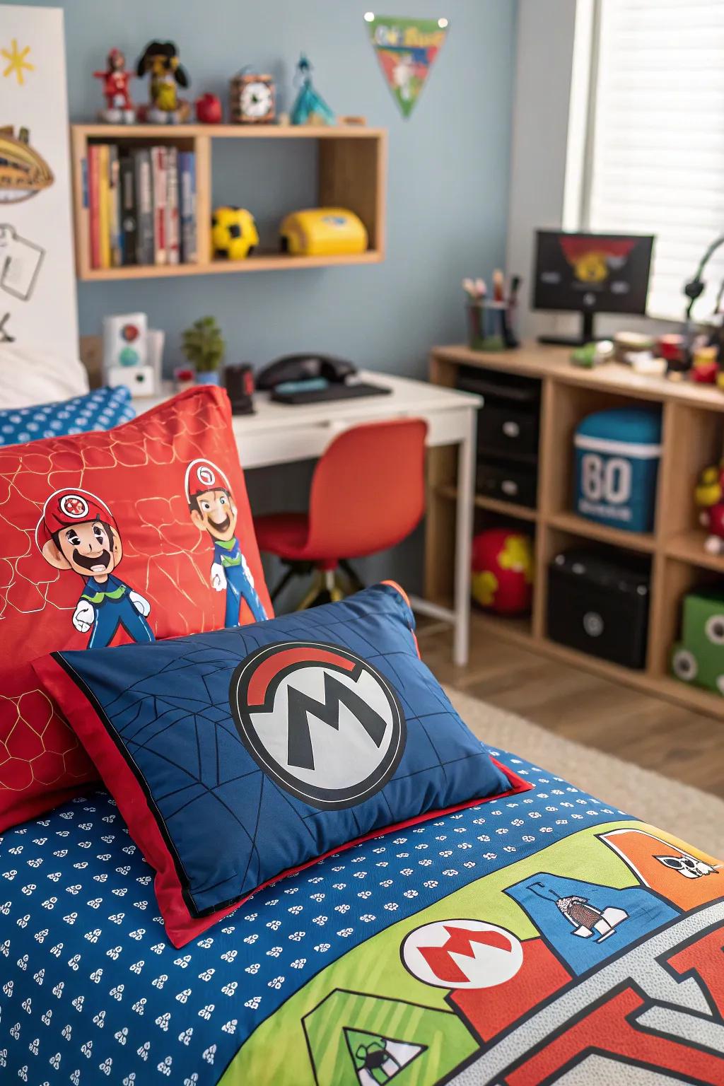 Gaming-themed bedding gives the room a fun feel.