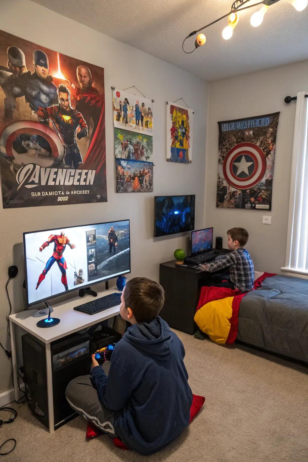 Hero-themed wall art gives a lively and personal touch to the gaming area.