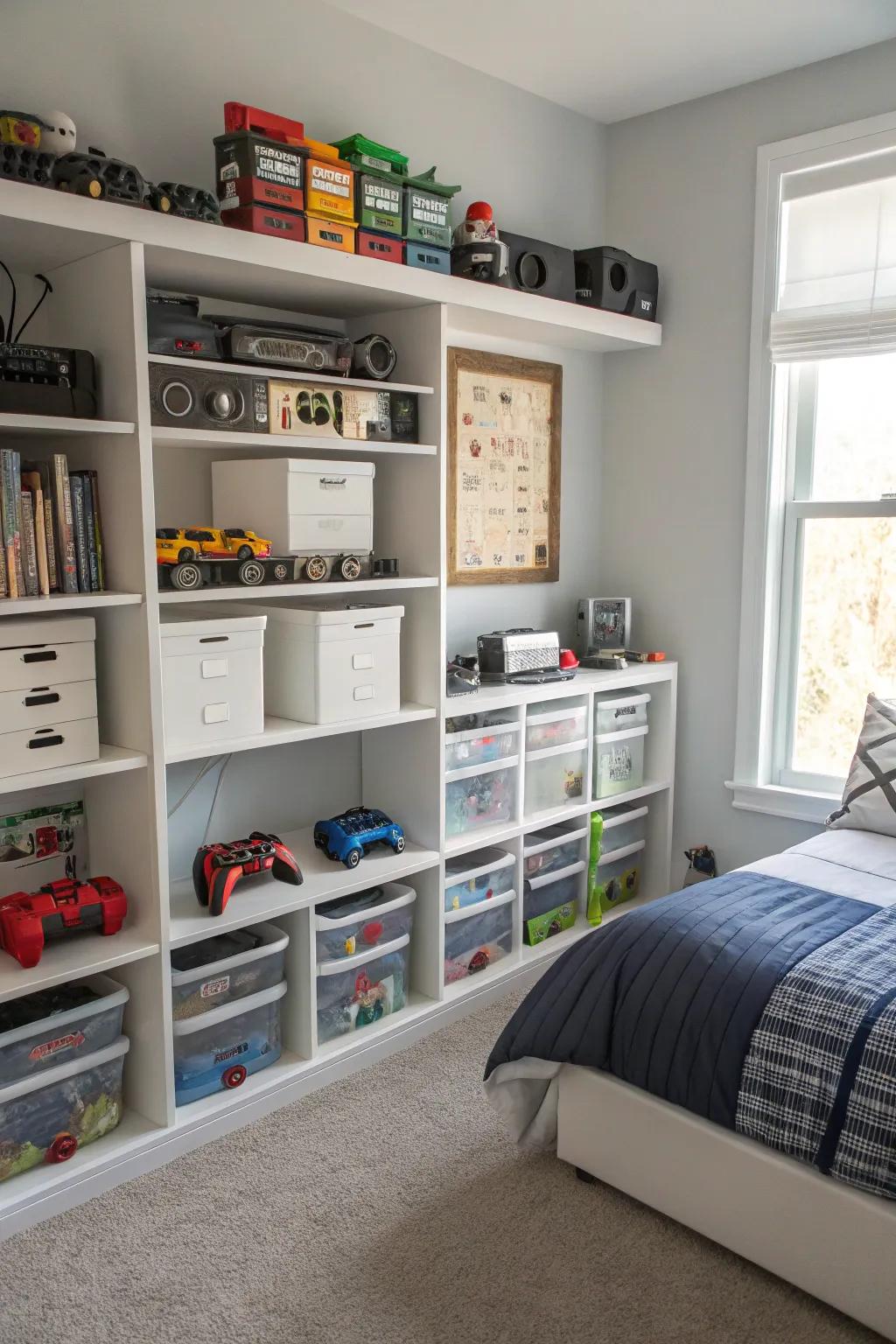 Well-organized shelves keep gaming accessories in order.