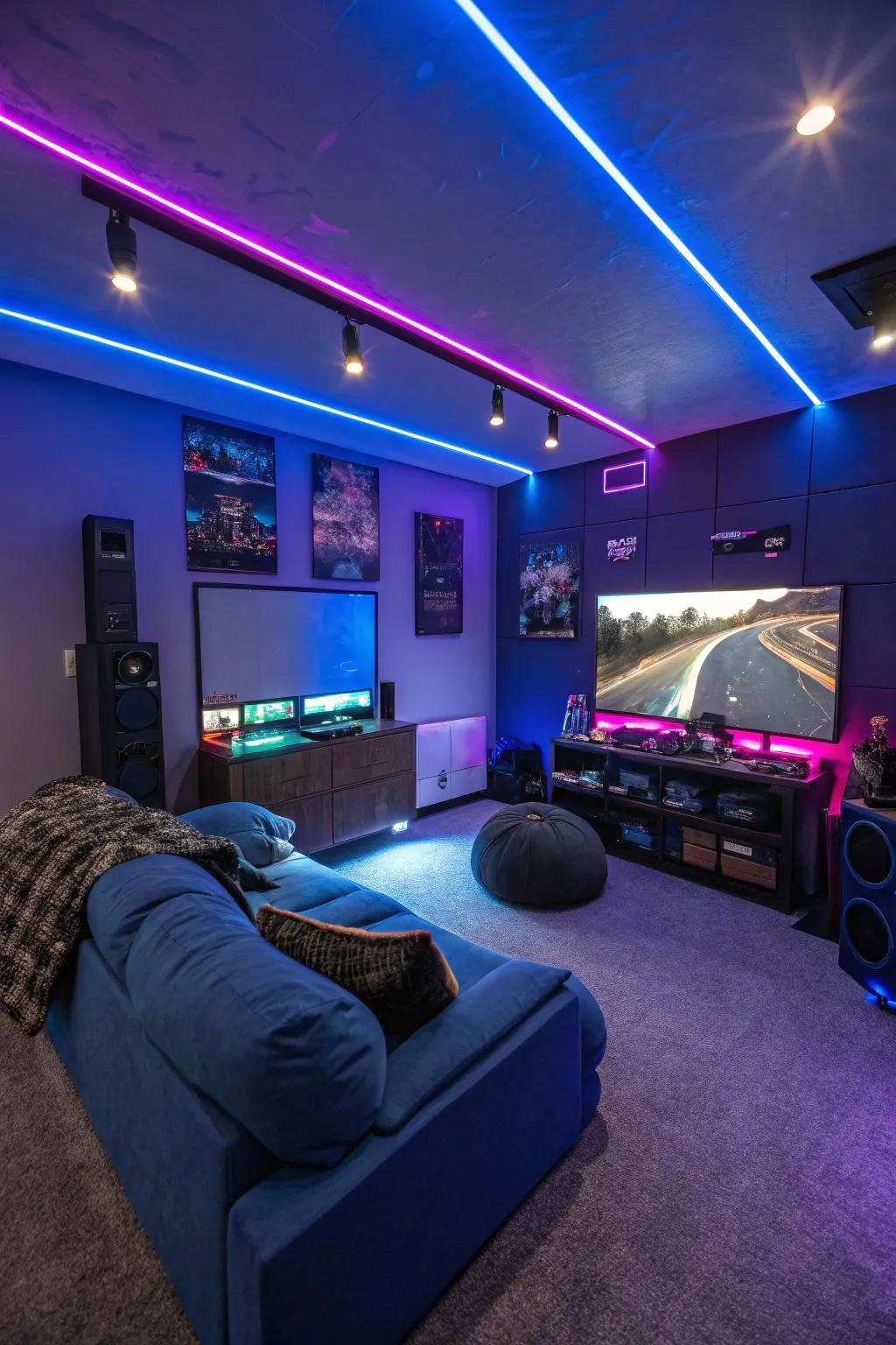 Blue and purple LED lights set an exciting mood for immersive gaming.