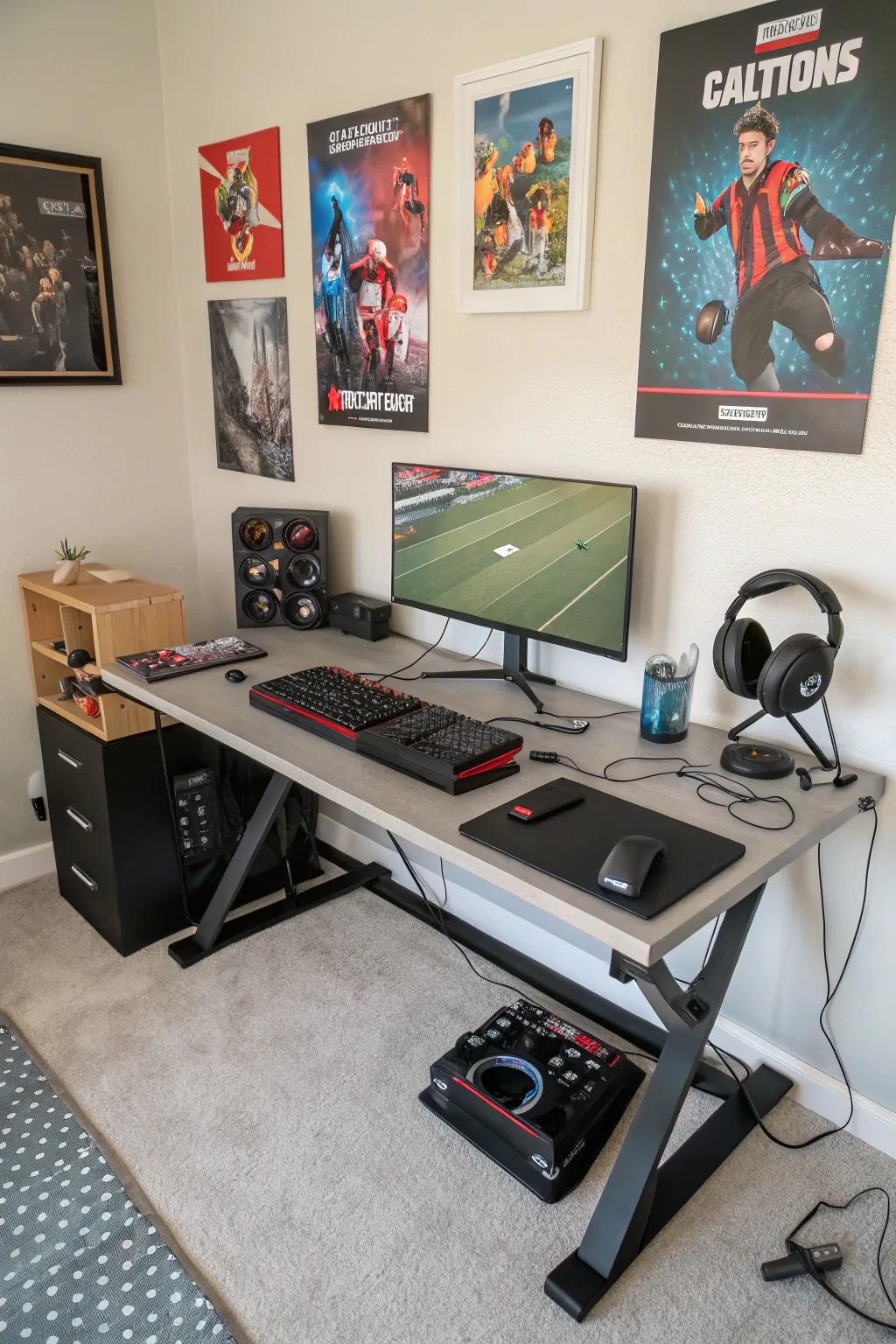 A spacious desk with built-in cable management for a neat gaming setup.