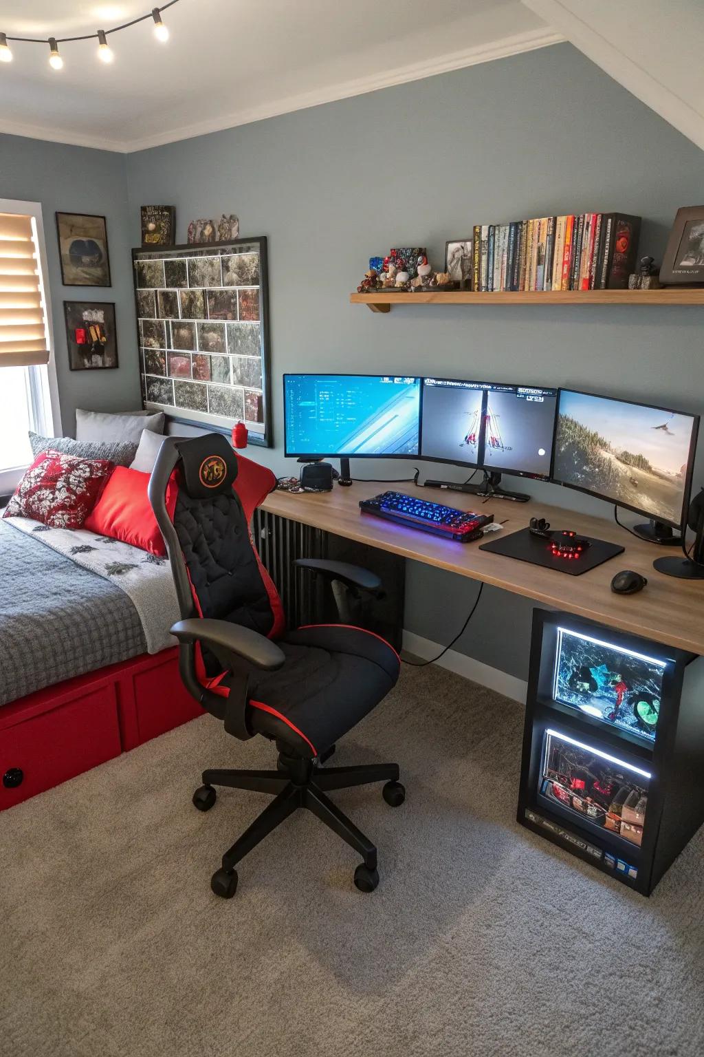 A triple monitor arrangement offers a panoramic perspective for the ultimate gaming experience.