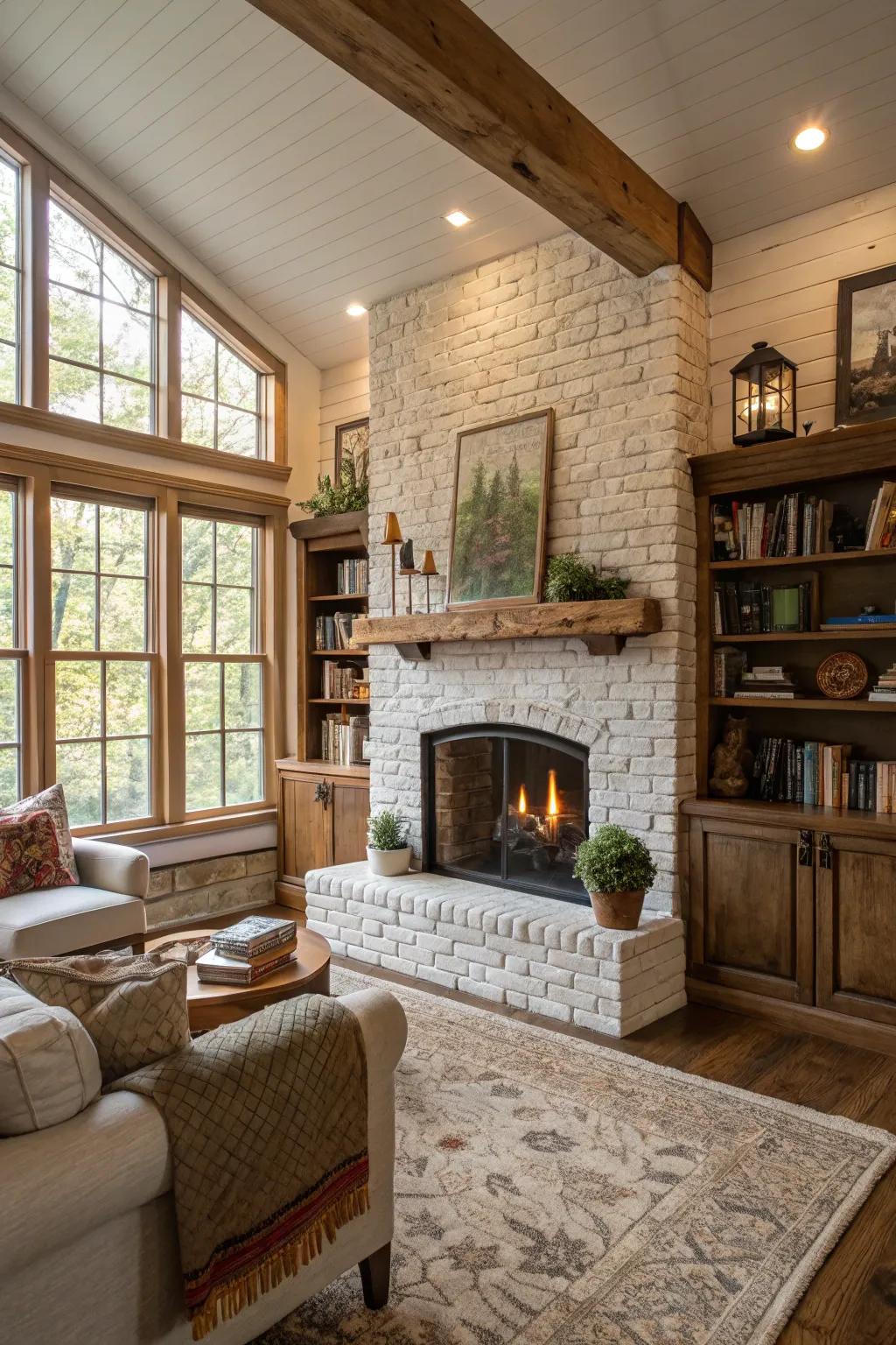 Whitewashed brick fireplace brightens any space.