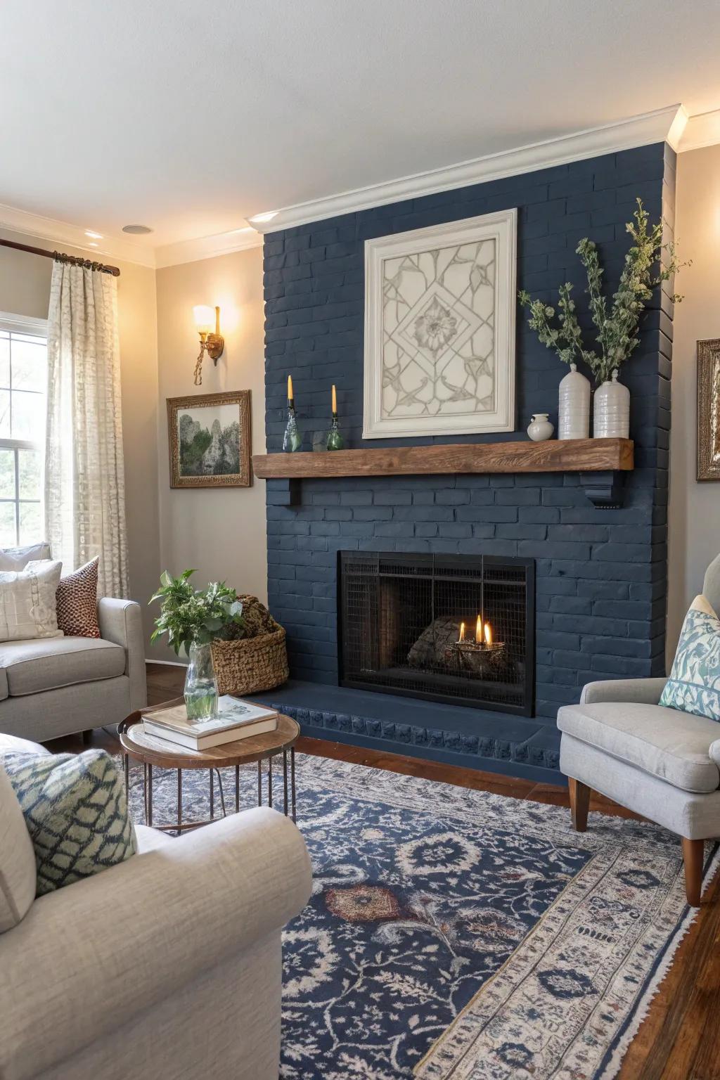 Navy painted brick fireplace brings sophistication and calm.