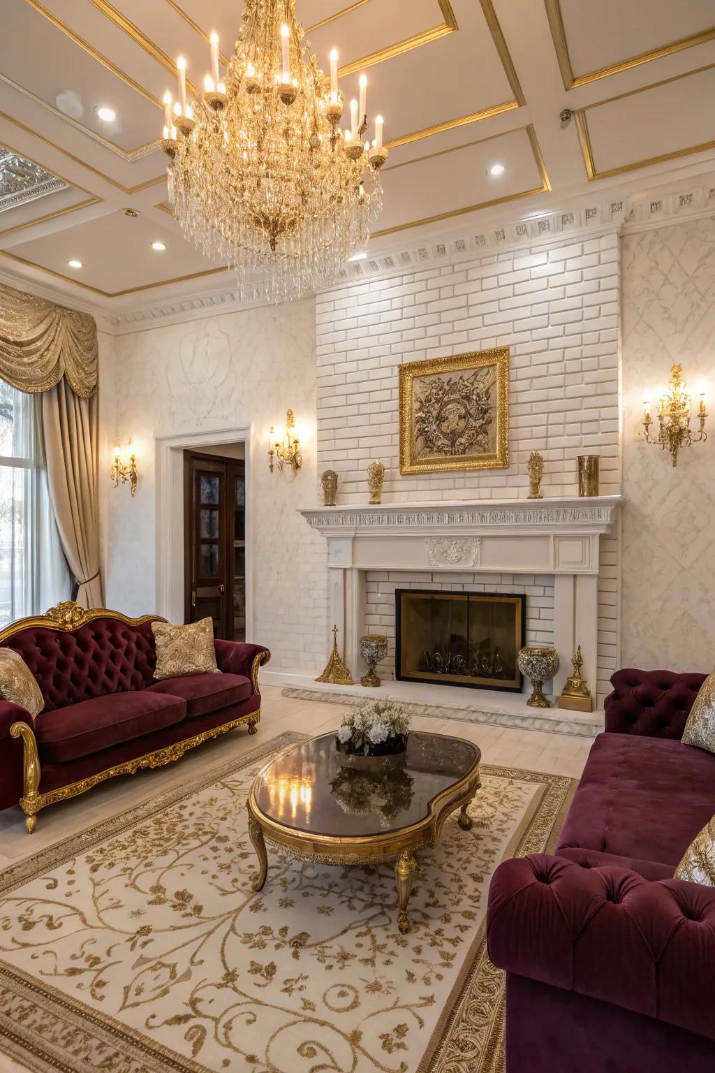 Gold accents add luxury to a painted brick fireplace.