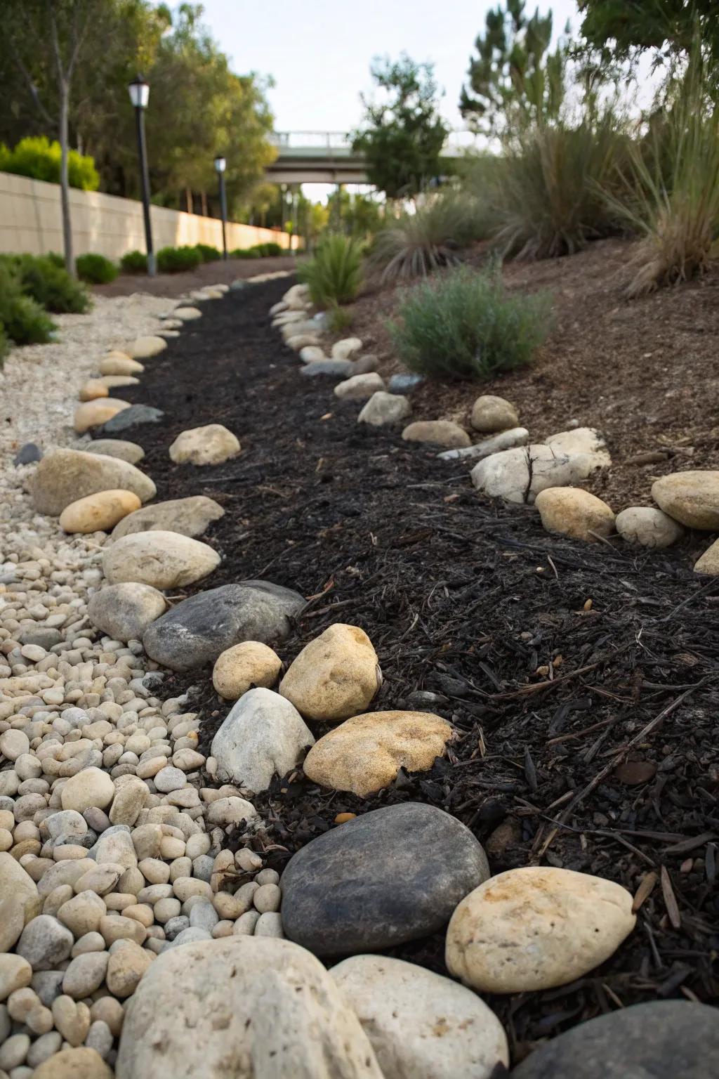 Compare stones with dark mulch for a striking creek display.