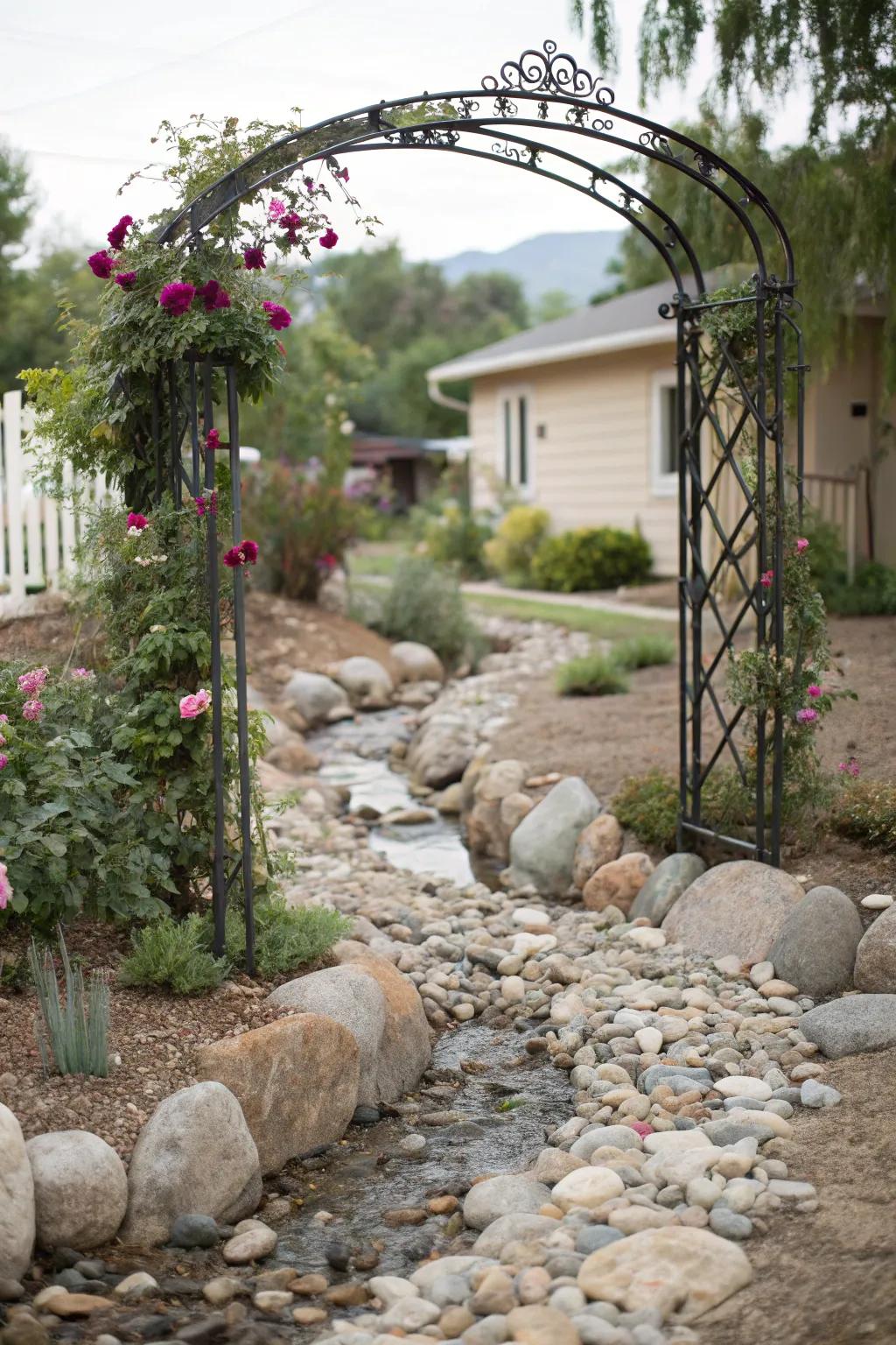 A display entrance arch frames your dried stream, making a welcoming point.