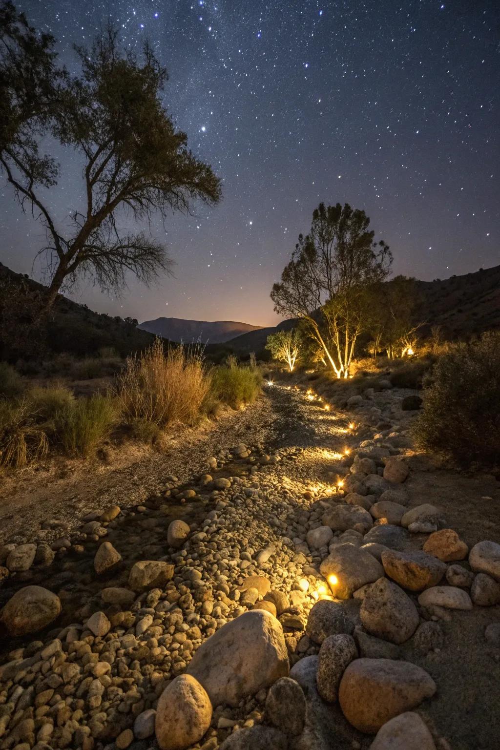 LED lights lead to a magical glow to your dried stream at night.