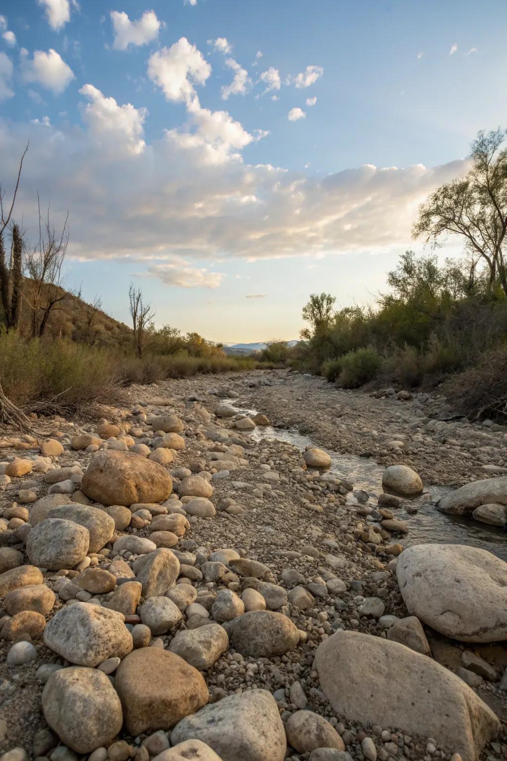 A rocky streambed look leads to an authentic, rugged texture to your creek.