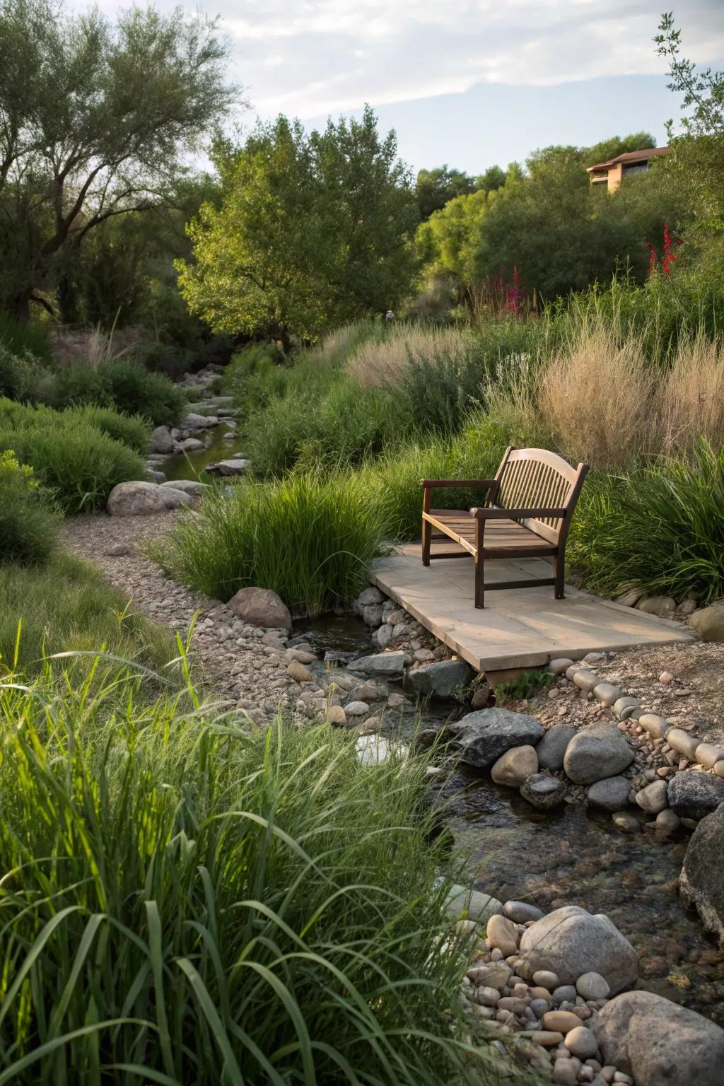 A hidden sitting space gives a peaceful spot to enjoy your stream.