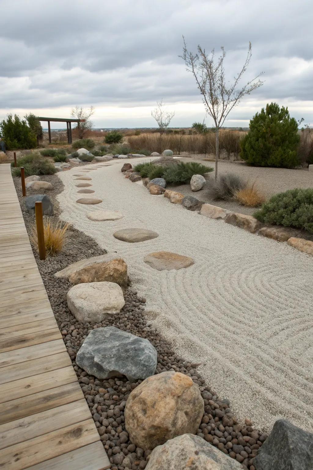 Zen garden elements bring calm to your dried creek landscape.