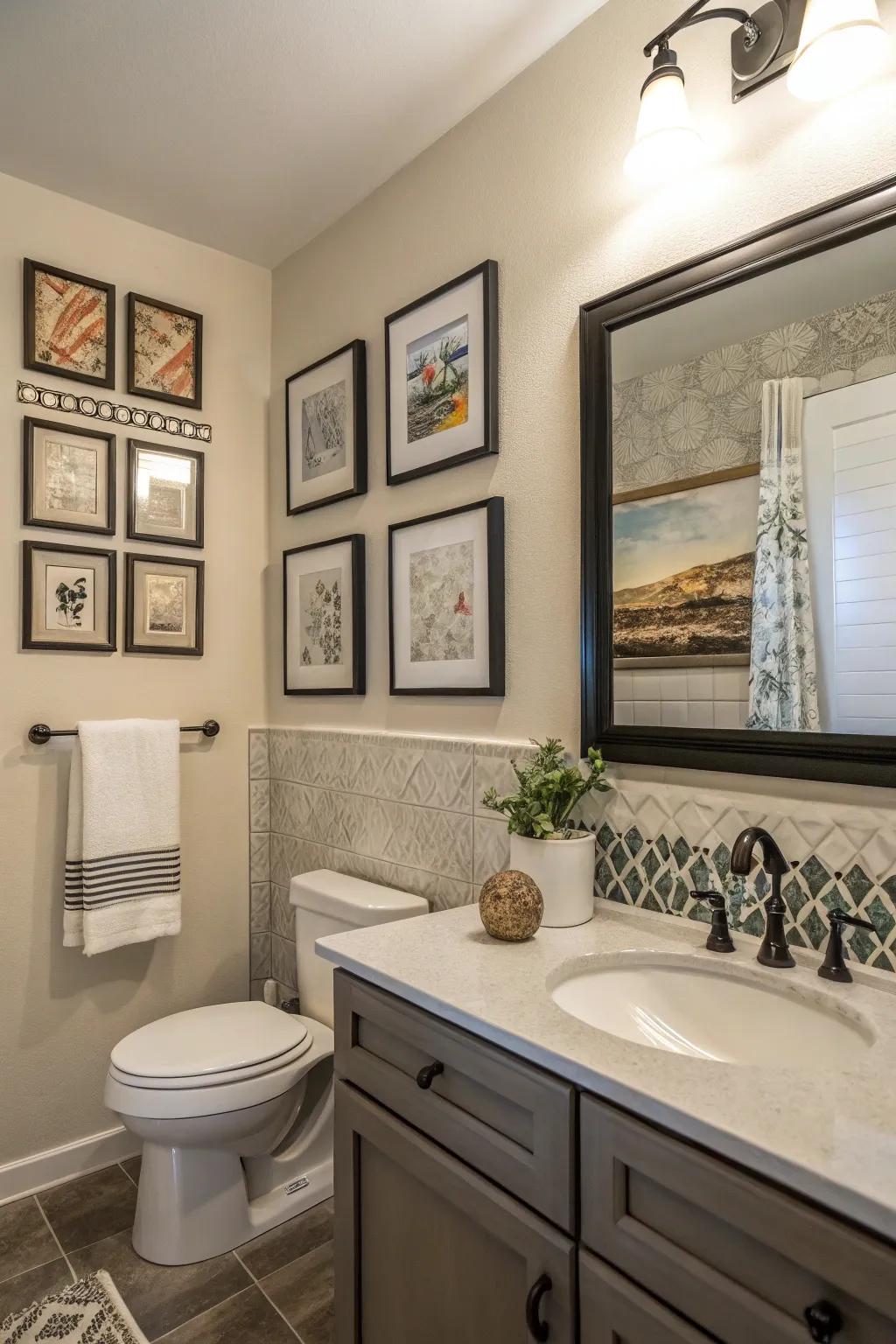 A bathroom featuring framed artwork and decorative prints for a sophisticated accent.