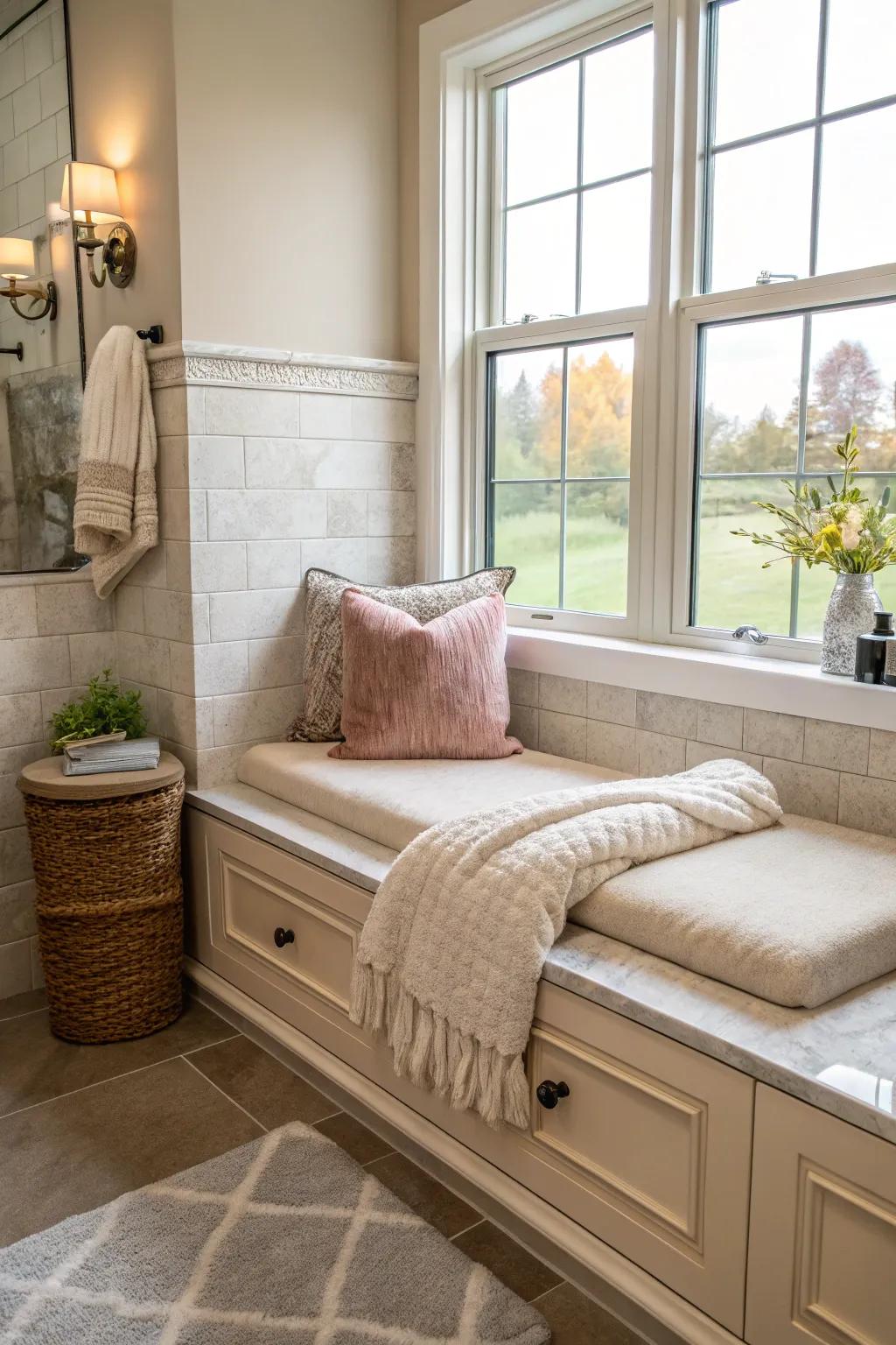 A bathroom featuring a relaxing corner with a cushioned bench for added comfort.
