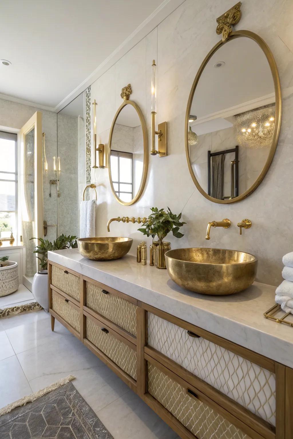 A bathroom accented with golden metallic fixtures for a touch of glamour.