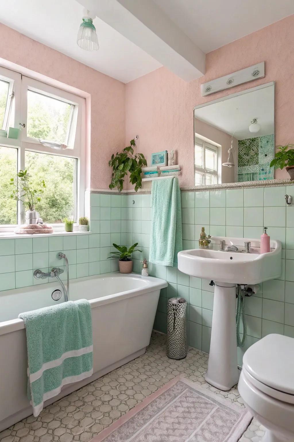 A bathroom showcasing a gentle pastel color scheme, featuring soft rose walls and pale chartreuse details.