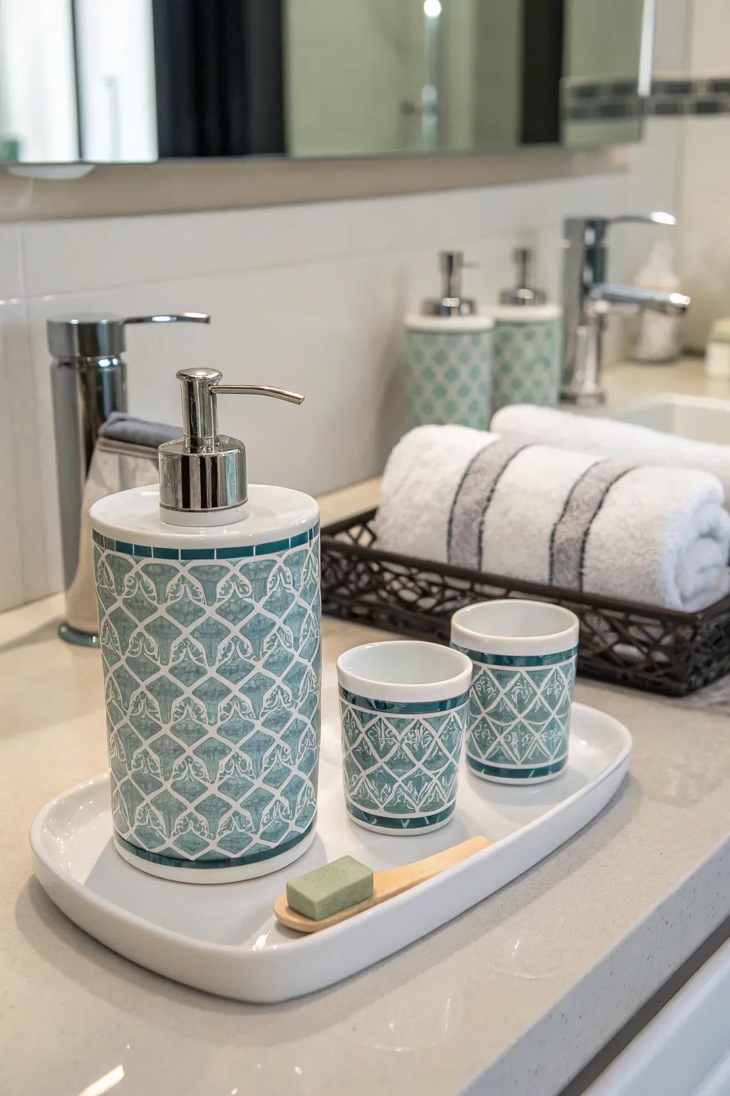 A bathroom featuring a fashionable and matched bath accessory set.