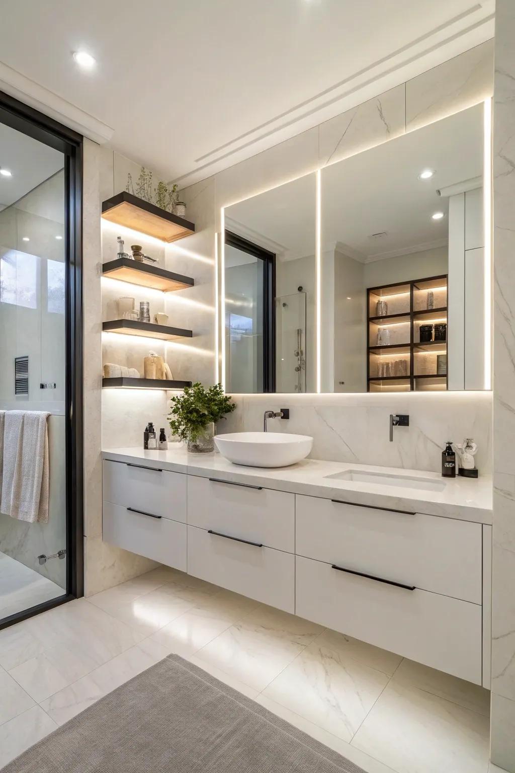A bathroom showcasing practical storage solutions with wall-mounted shelving and streamlined cabinetry.