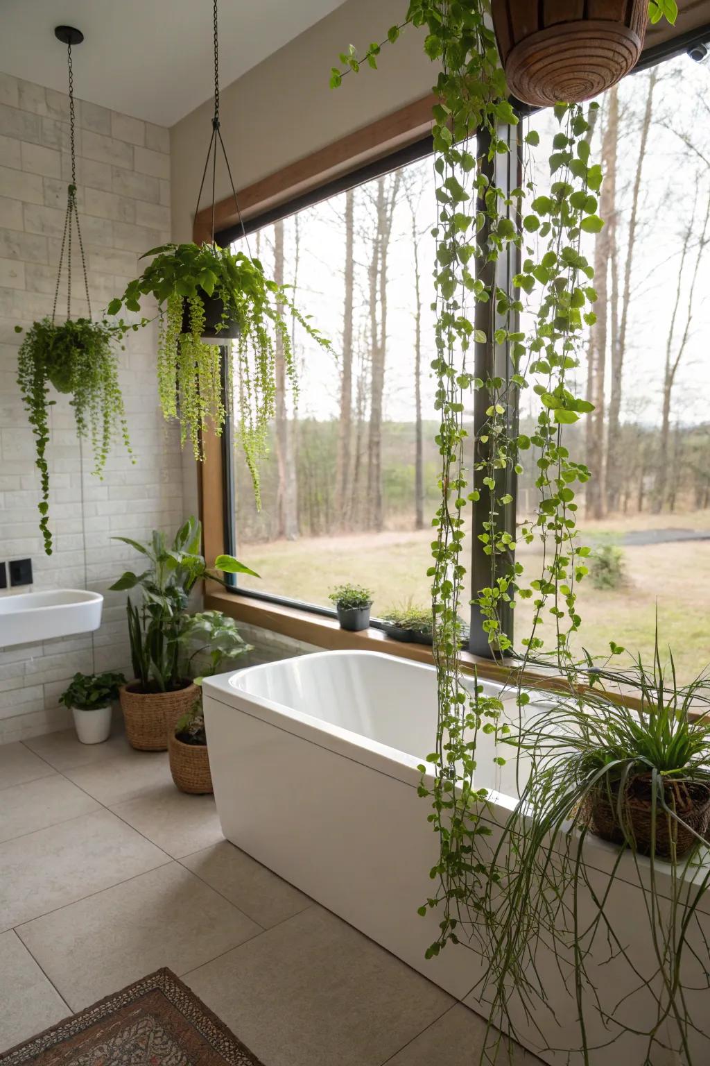 A bathroom enlivened with small potted flora and suspended vines for a rejuvenated appearance.