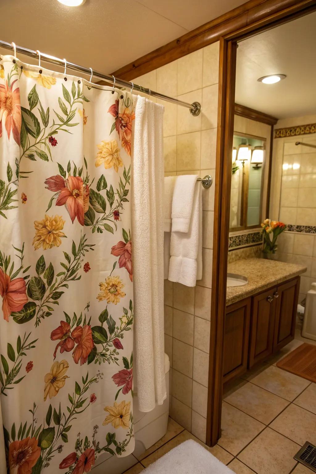 A bathroom embellished with a botanical shower curtain and delicate towels for a feminine accent.