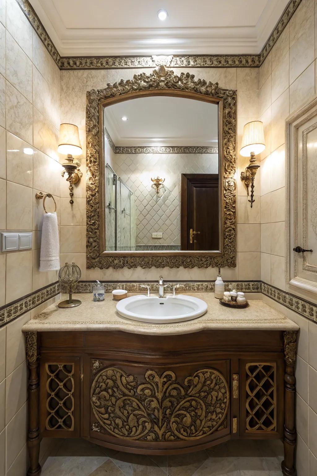 A bathroom displaying a large-scale, elaborate mirror that enhances personality and expanse.