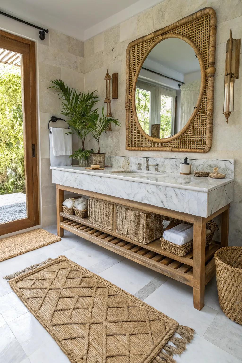 A bathroom displaying a mix of textures with marble and wicker elements.
