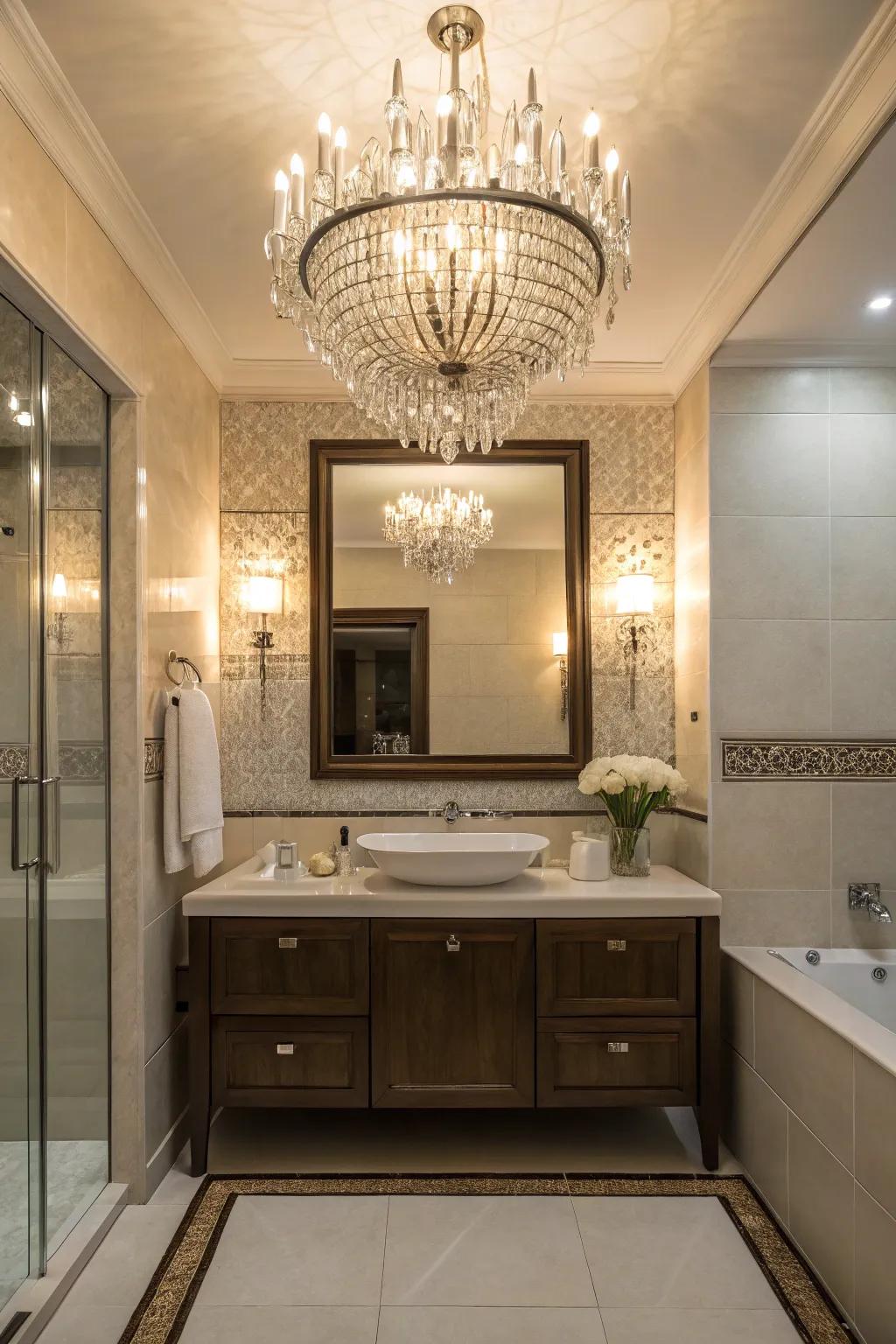 A bathroom featuring an opulent chandelier and refined wall lights.