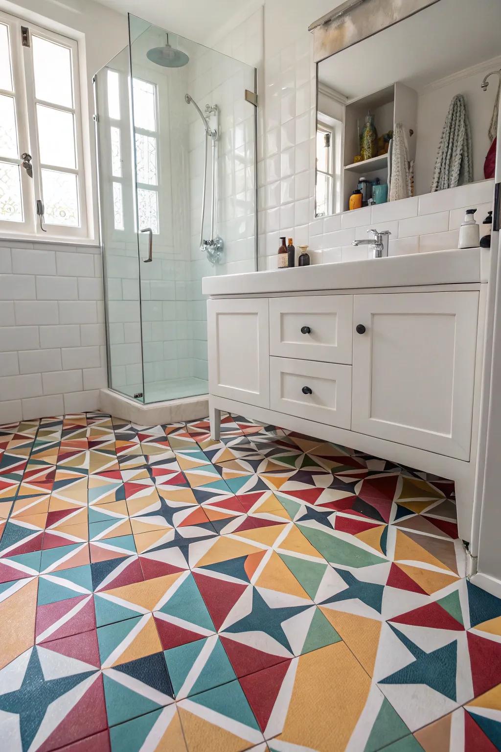 A bathroom with vibrant geometric patterned flooring that introduces visual appeal.