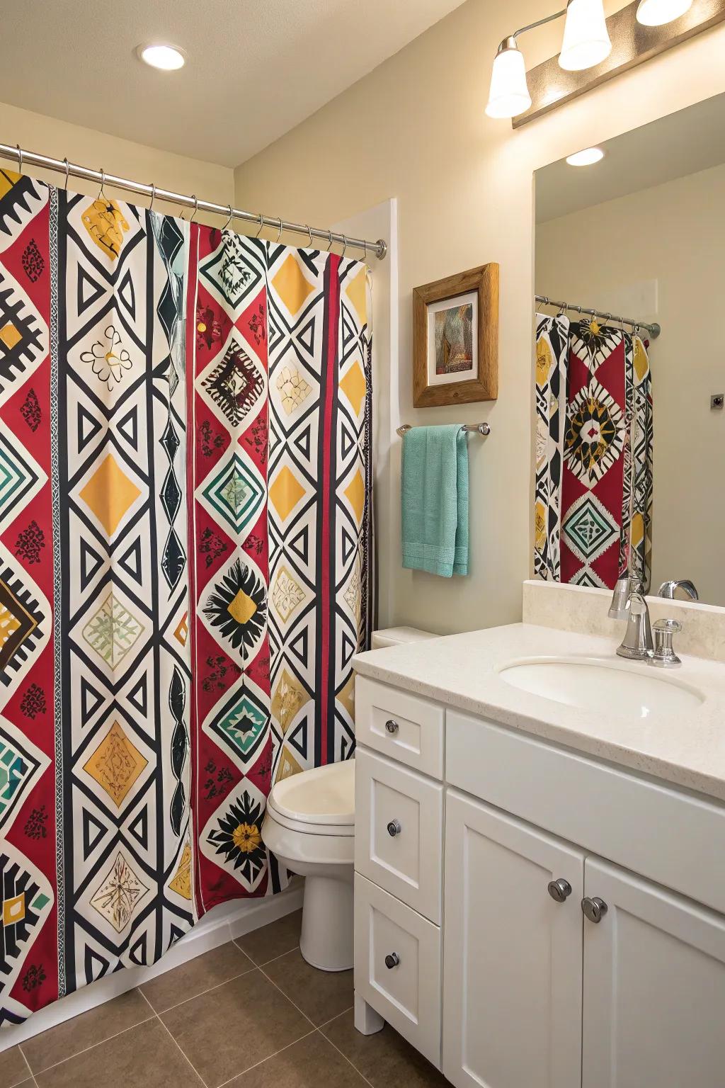 A bathroom showcasing an uncommon and daring patterned shower curtain.