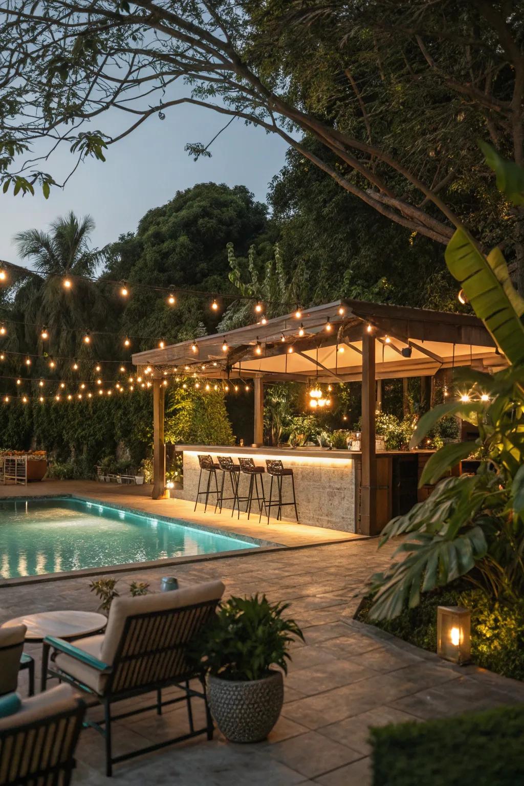Ambient lighting turns your pool bar into a captivating evening sanctuary.