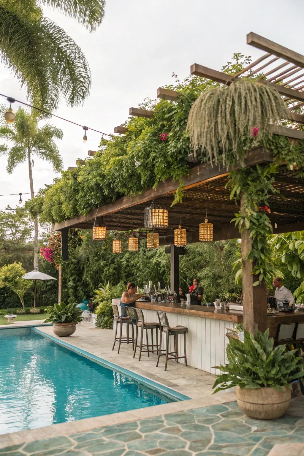 A pergola marries functionality and appeal, turning your pool bar into a snug getaway.
