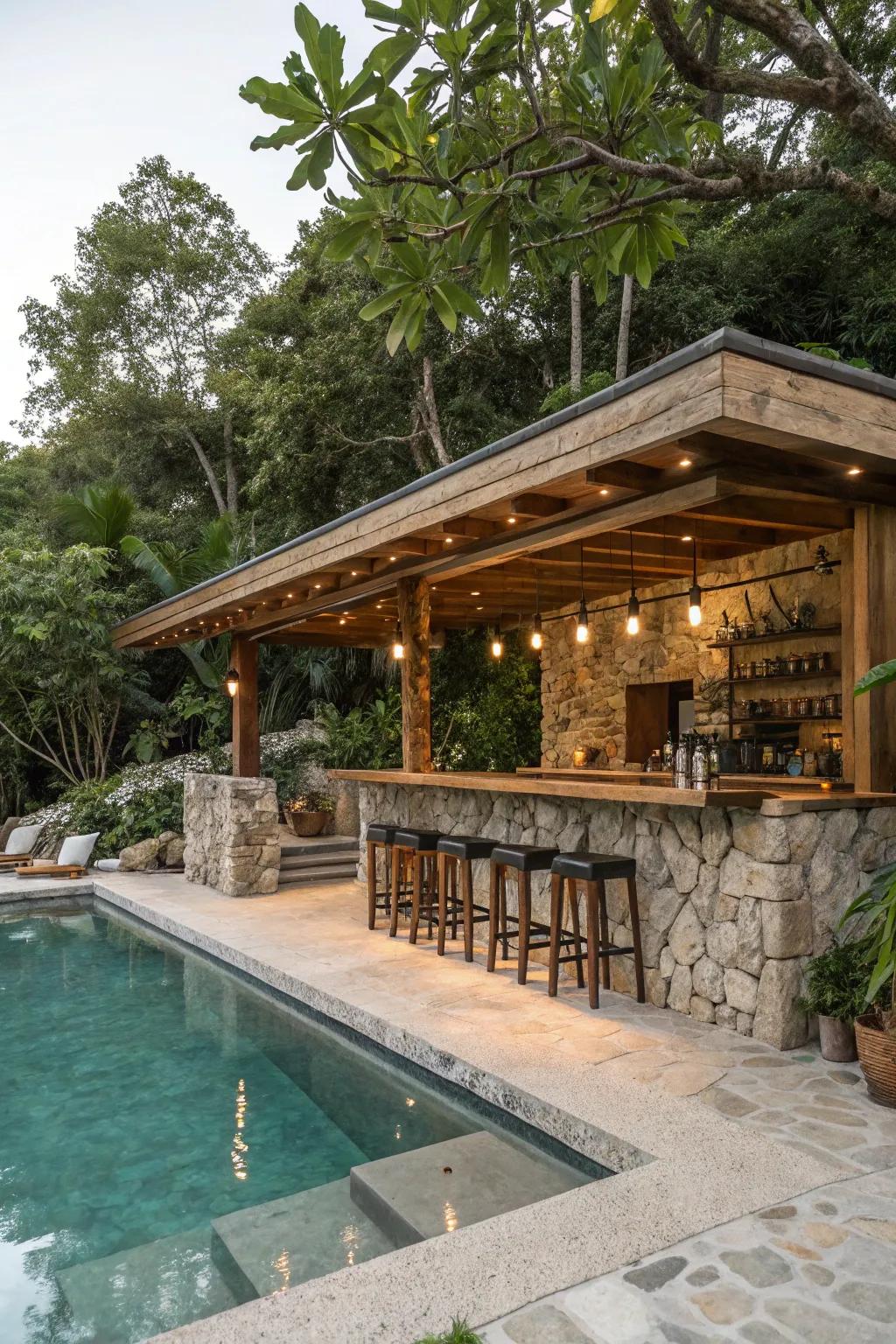 Natural elements like stone and wood give poolside bars a touch of rustic charm.