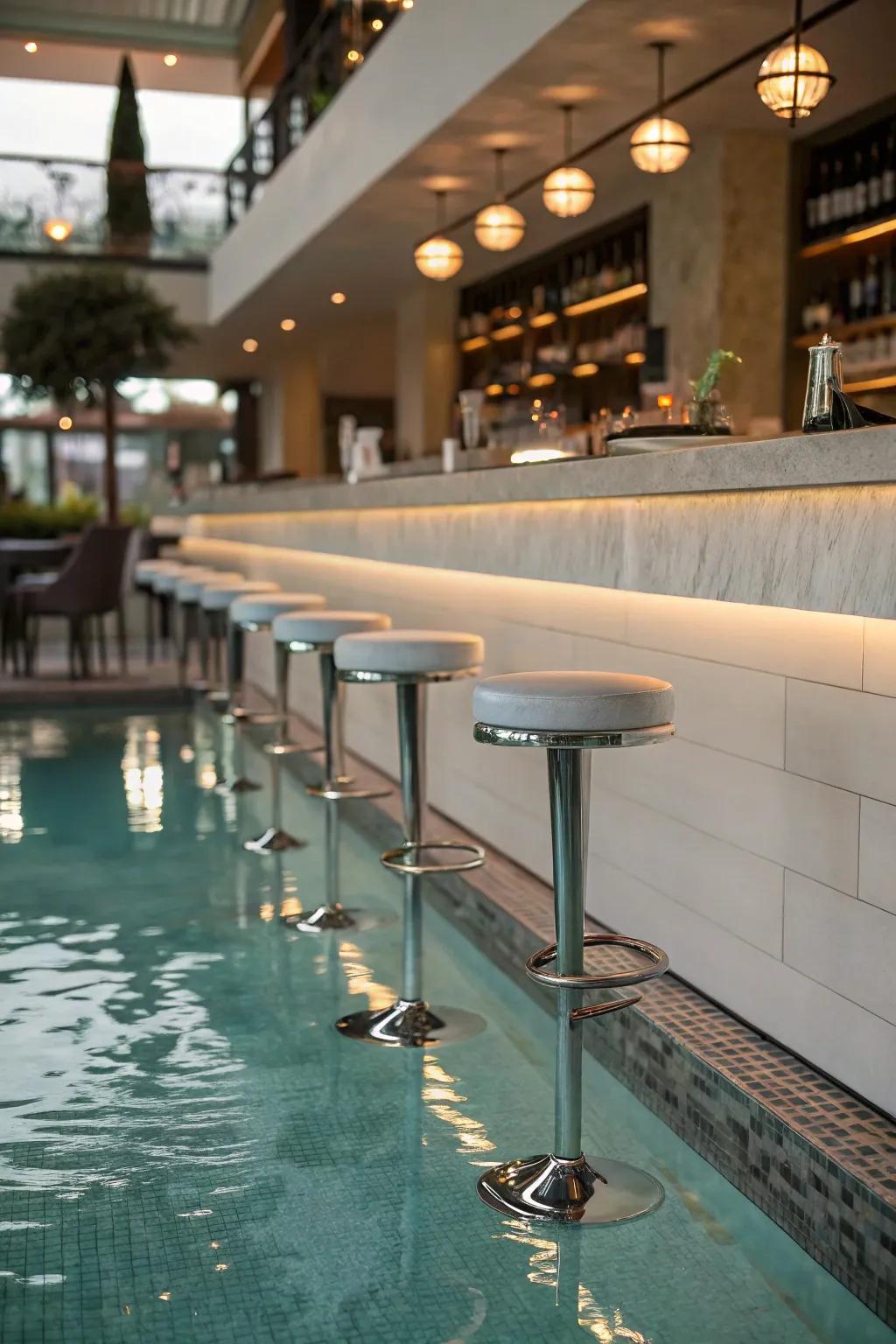 Submerged seating delivers a luxurious pool experience without needing to leave the water.